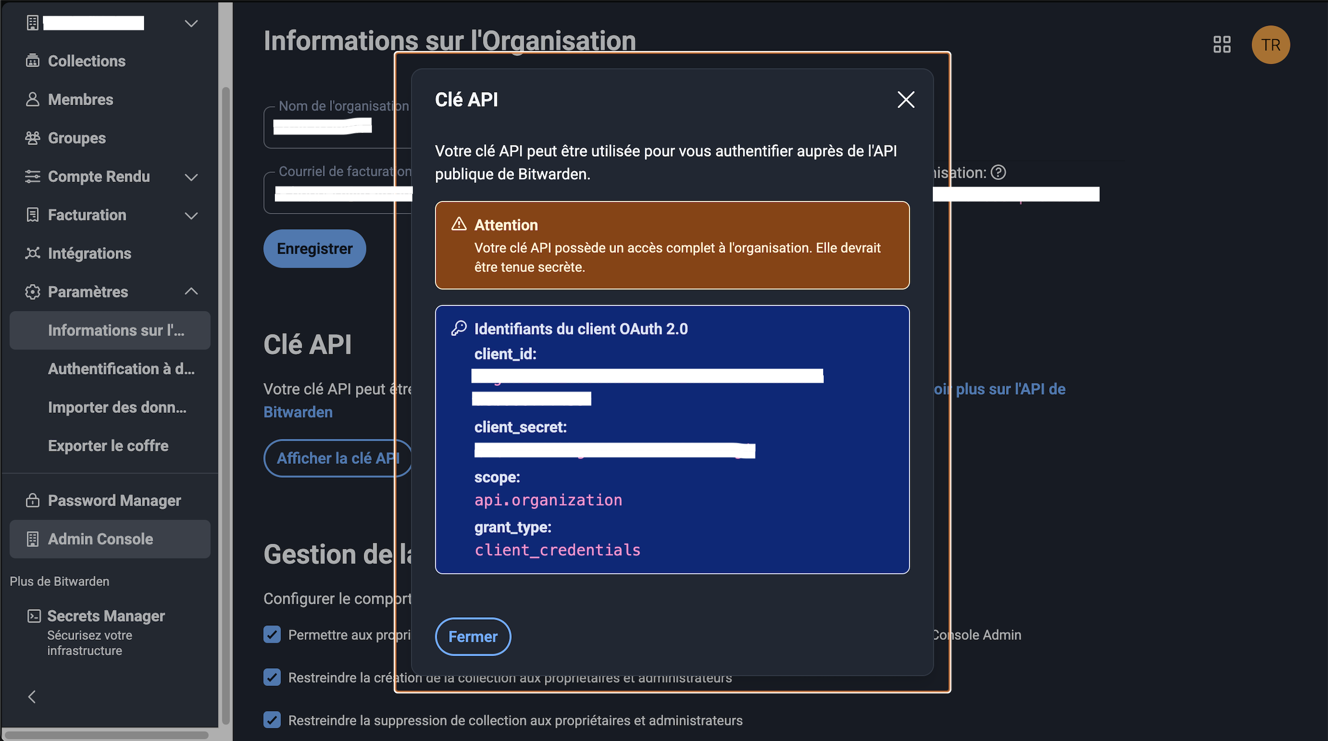 Génération des clés API d'organisation Bitwarden