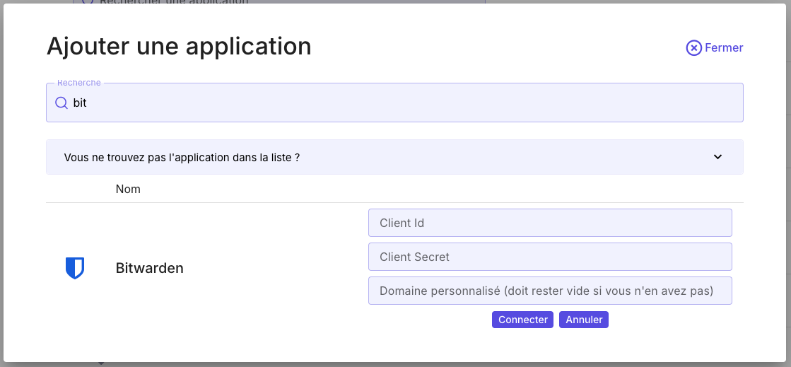 Connexion Bitwarden sur MIA