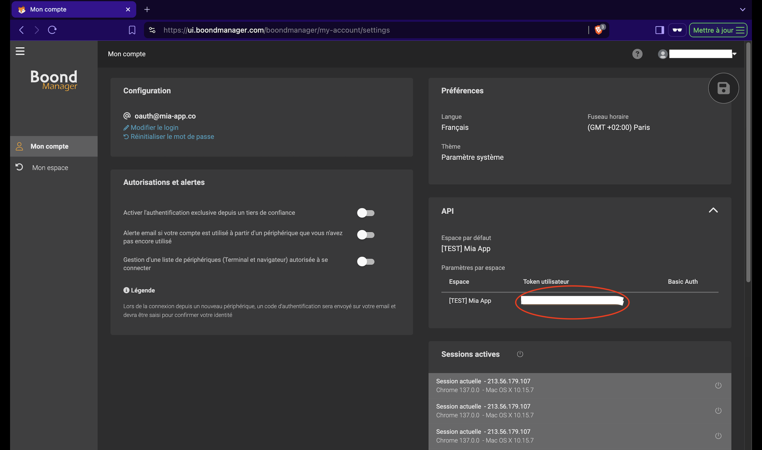 Token utilisateur Boond Manager