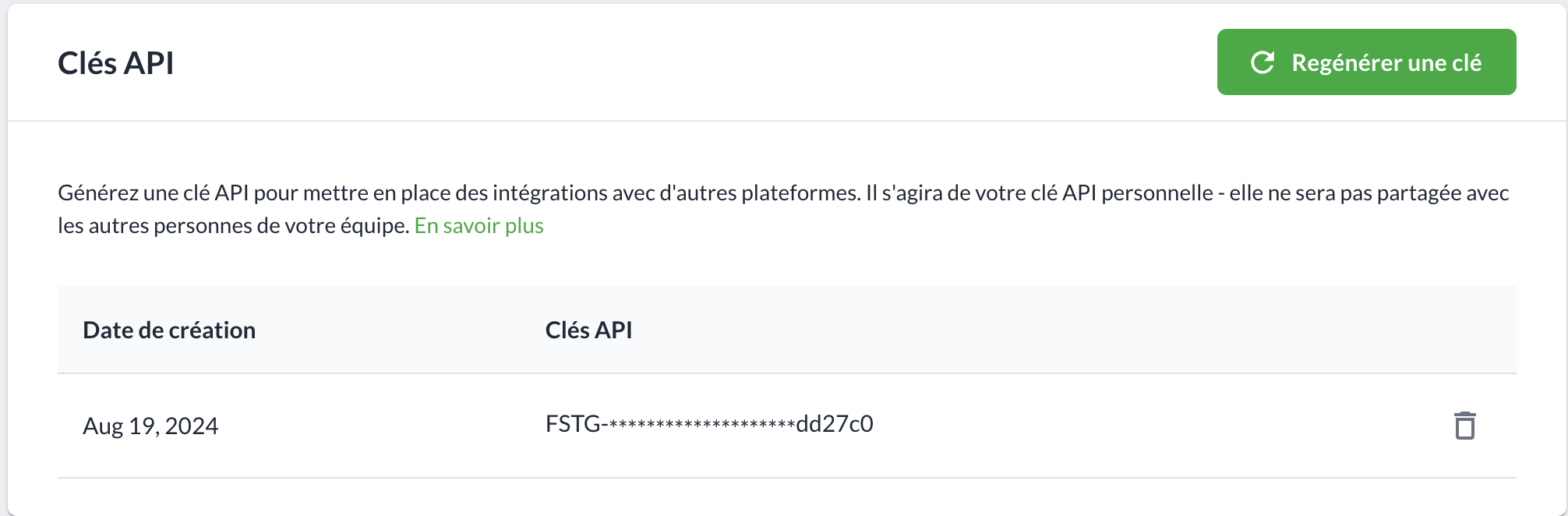 Génération de la clé API Filestage