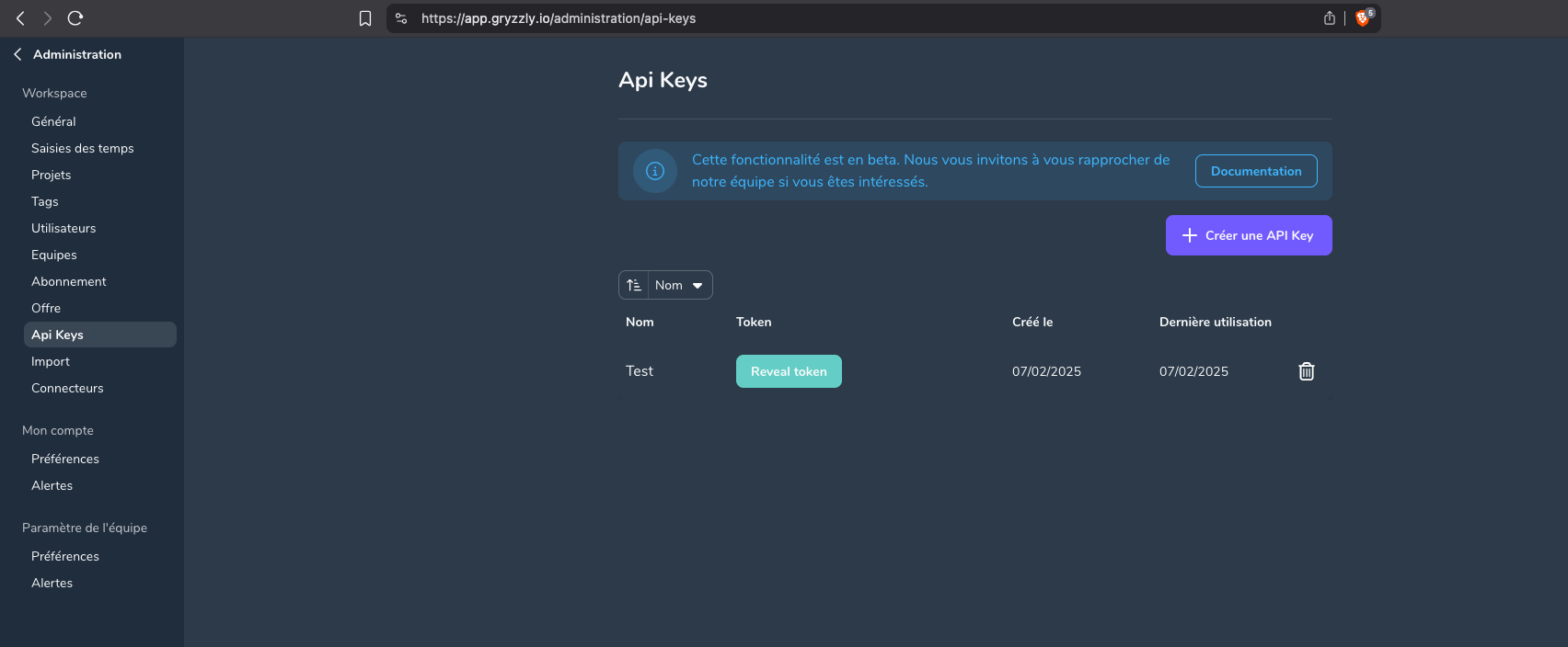 Création d'une clé API Gryzzly