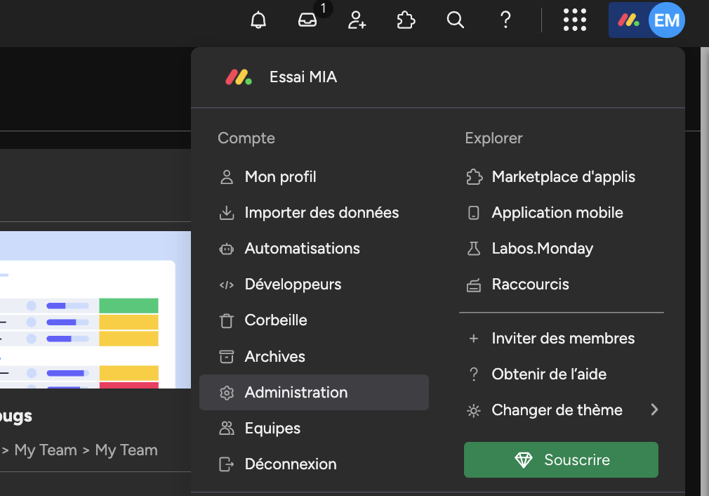 Menu Administration de Monday