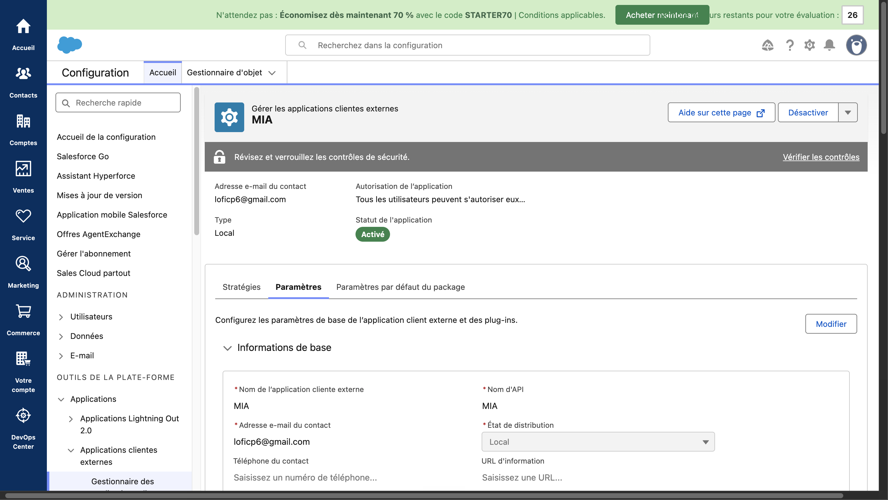 Paramètres d'OAuth de l'application