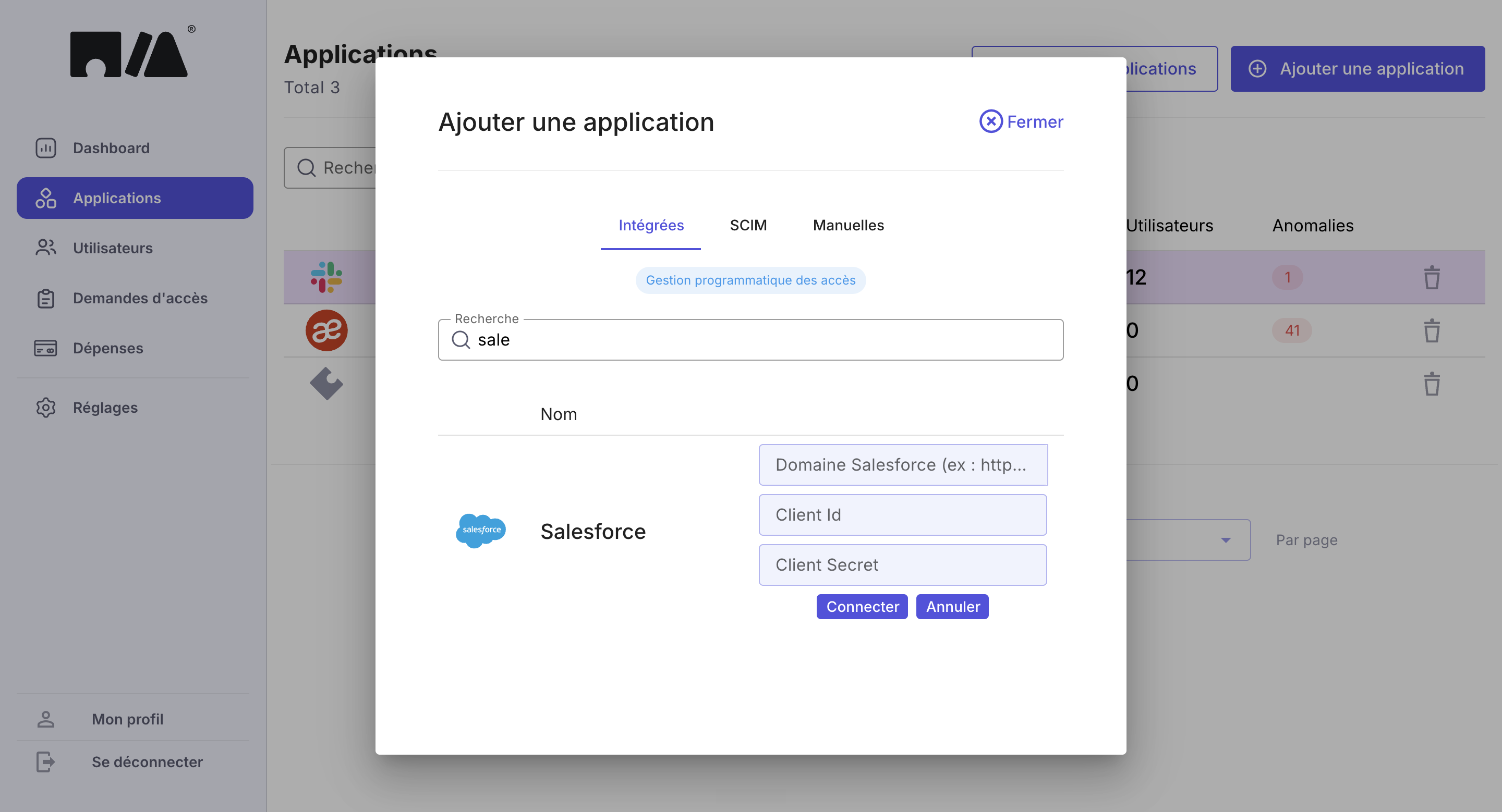 Création de l'application Salesforce sur MIA