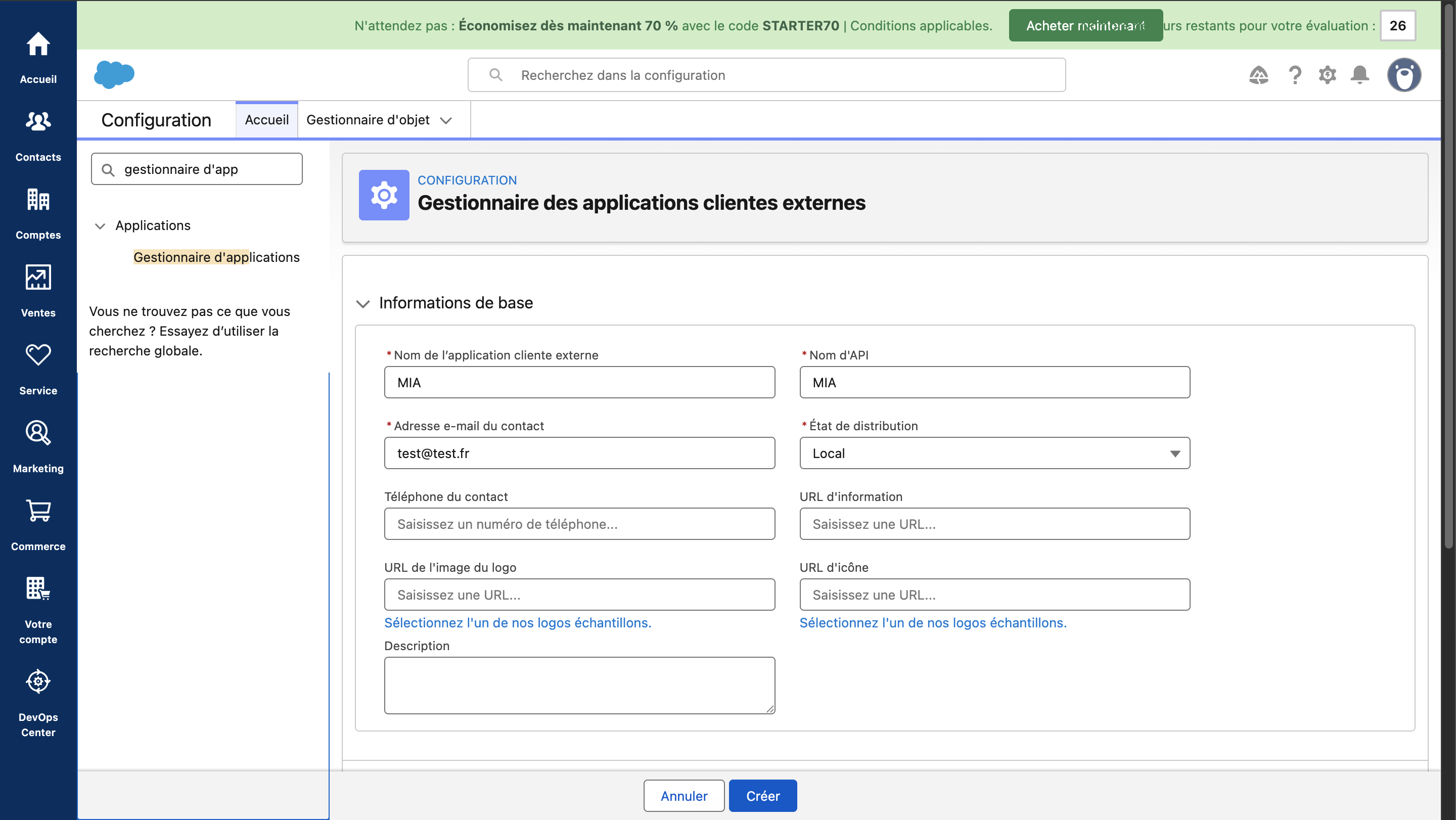 Formulaire de l'application cliente externe