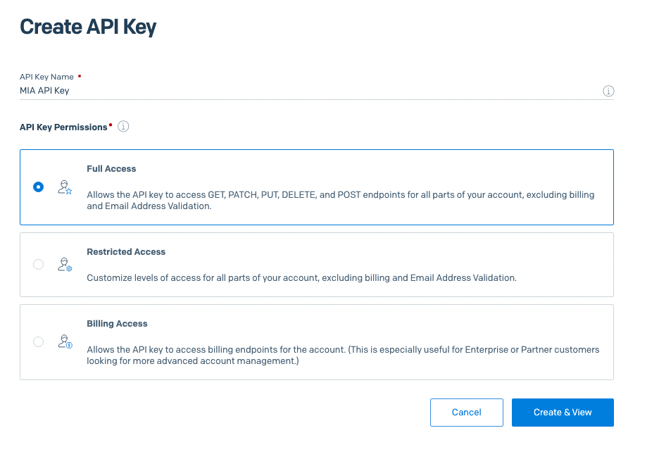 Création d'une clé API SendGrid avec autorisation complète