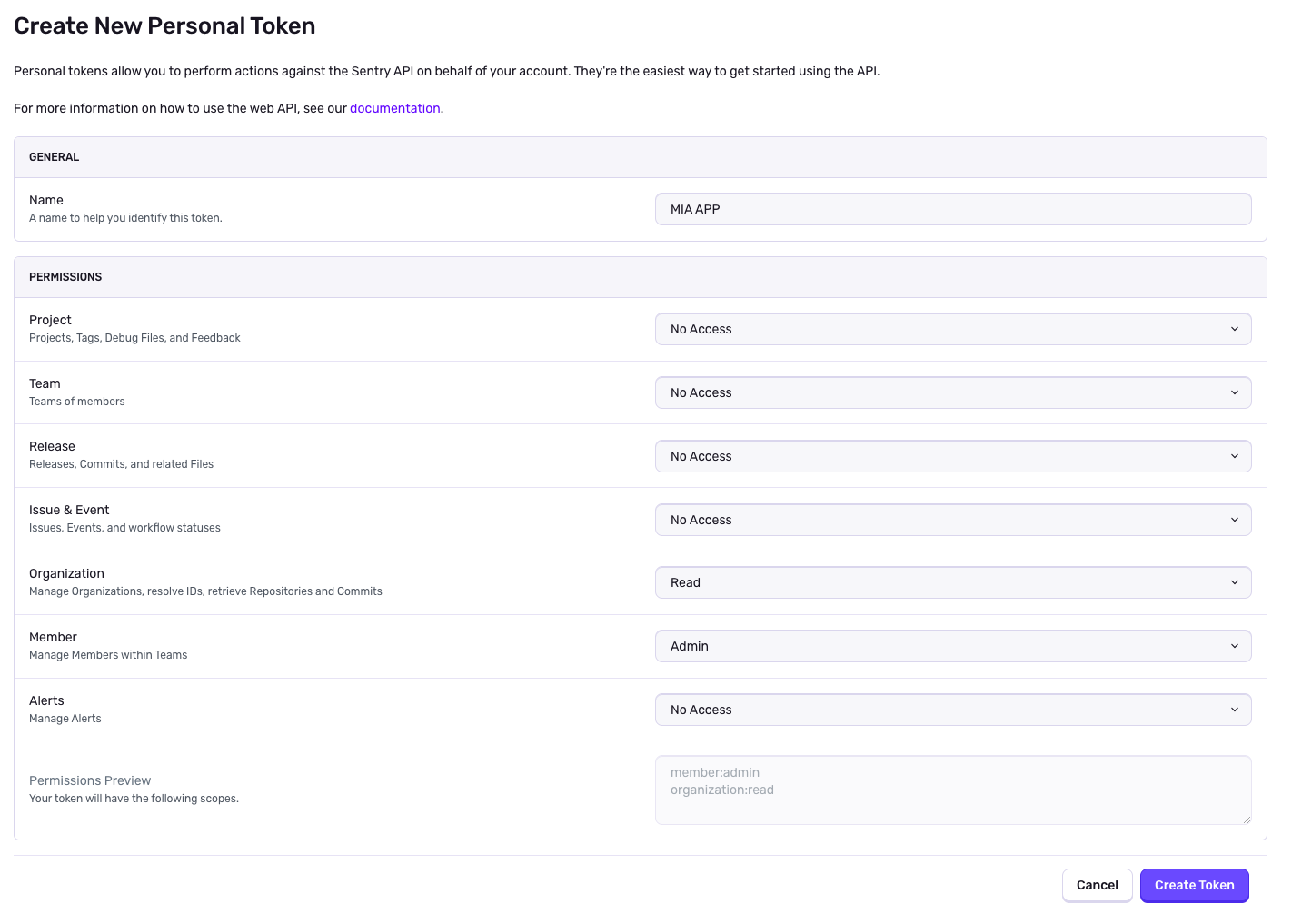 Création d'un token d'API Sentry avec les permissions requises