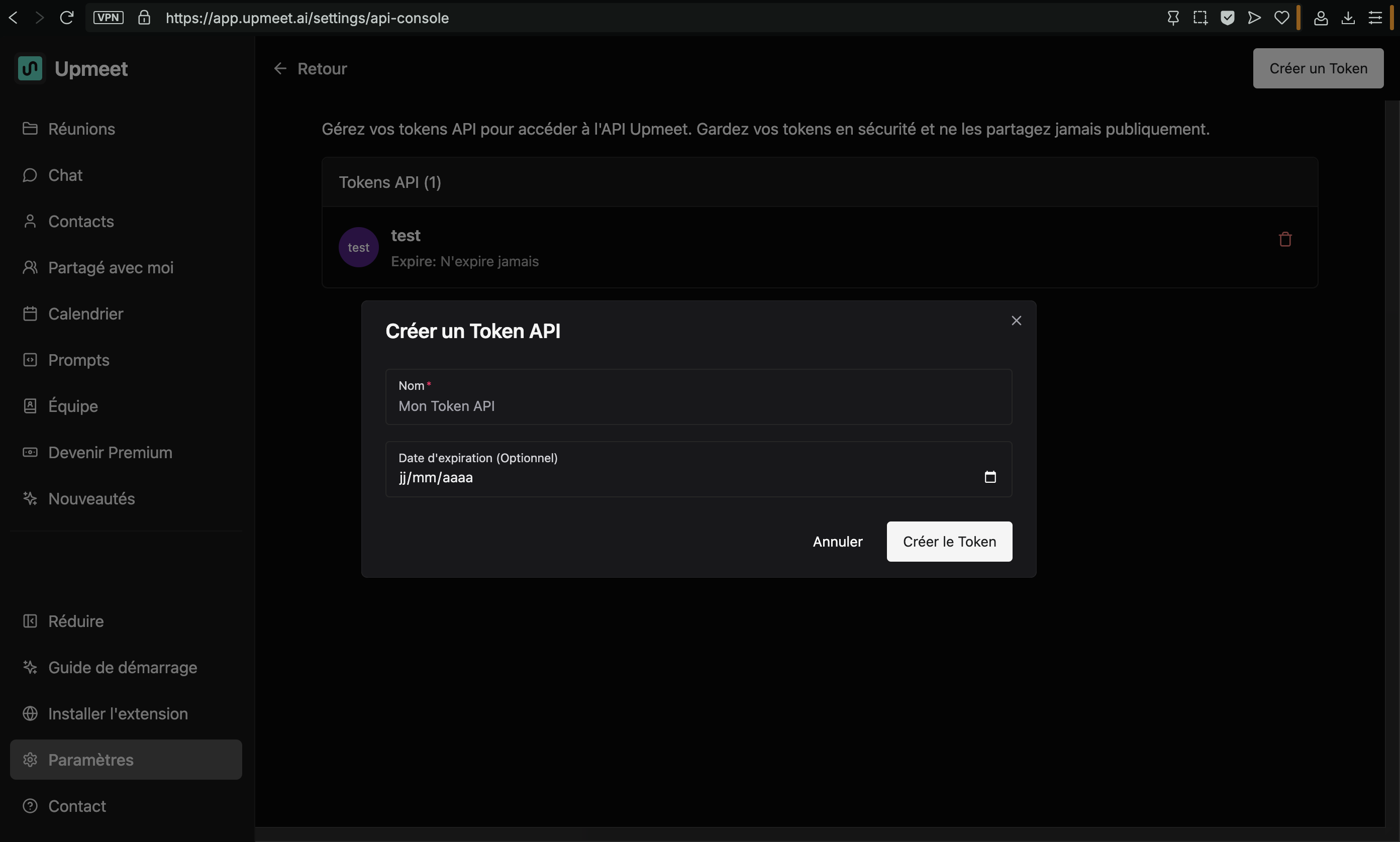 Création d'une clé API Upmeet