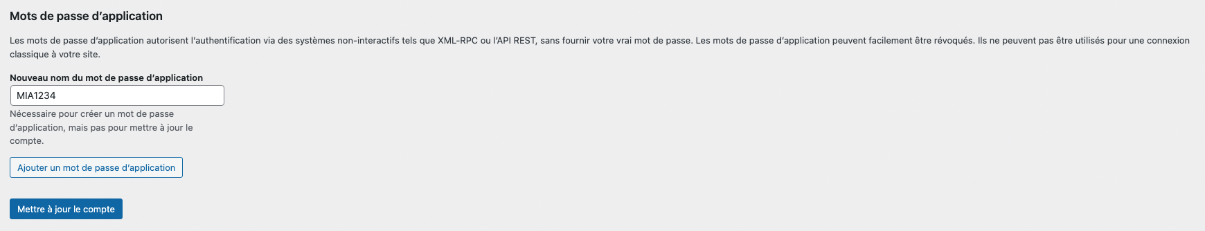 Définition d'un mot de passe d'application WordPress