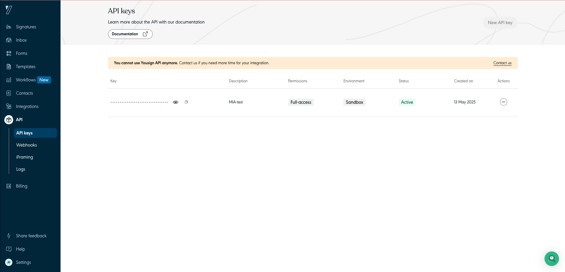 Génération d'une clé API Yousign en Full Access